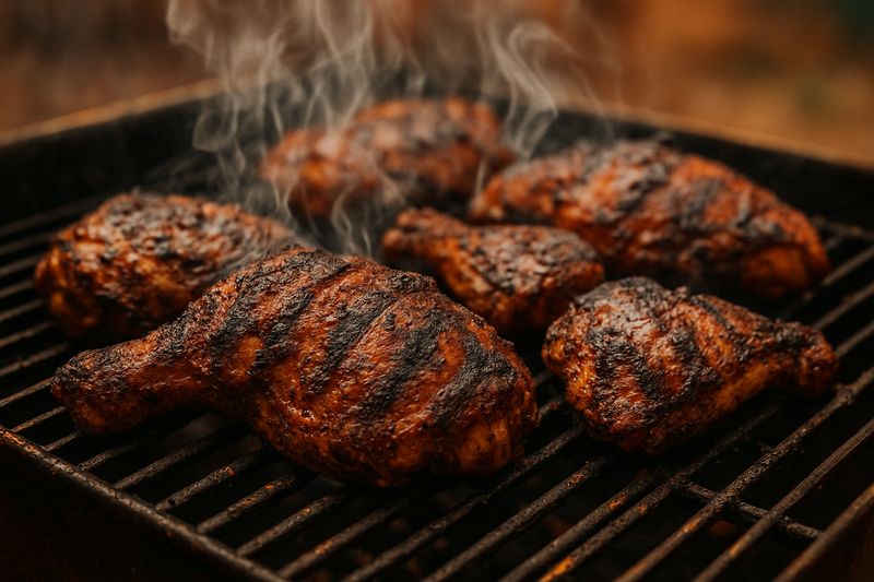 jamaican jerk chicken on a grill with steam